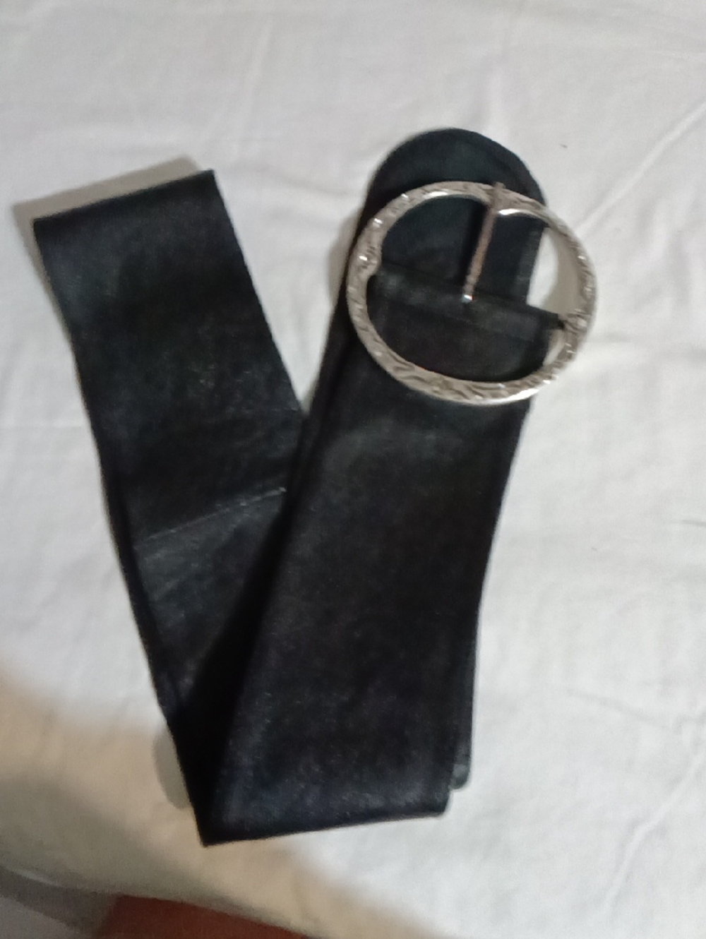 Wide Black Waist Belt with Silver Round Buckle